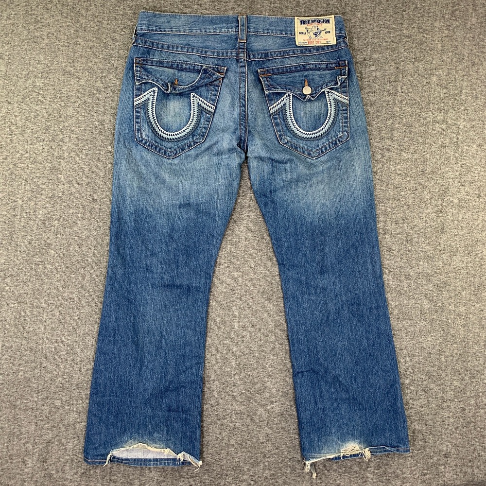 True Religion Bootcut Jeans Men 36x29 Distressing Rip Flap Pocket